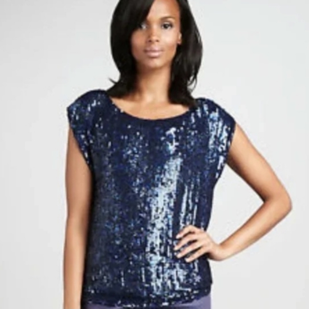 Alice And Olivia Blue Sequin Silk Blouse Size Small